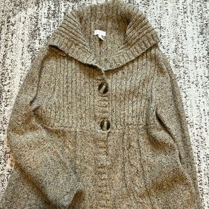Tan Charter Club Cardigan. Versatile. Easy care. Acrylic. Polyester. 4% Wool.